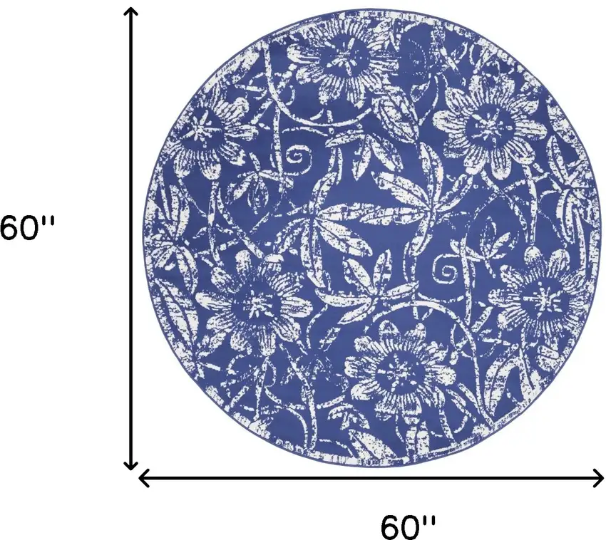 5' Blue And Ivory Floral Distressed Round Rug Photo 3