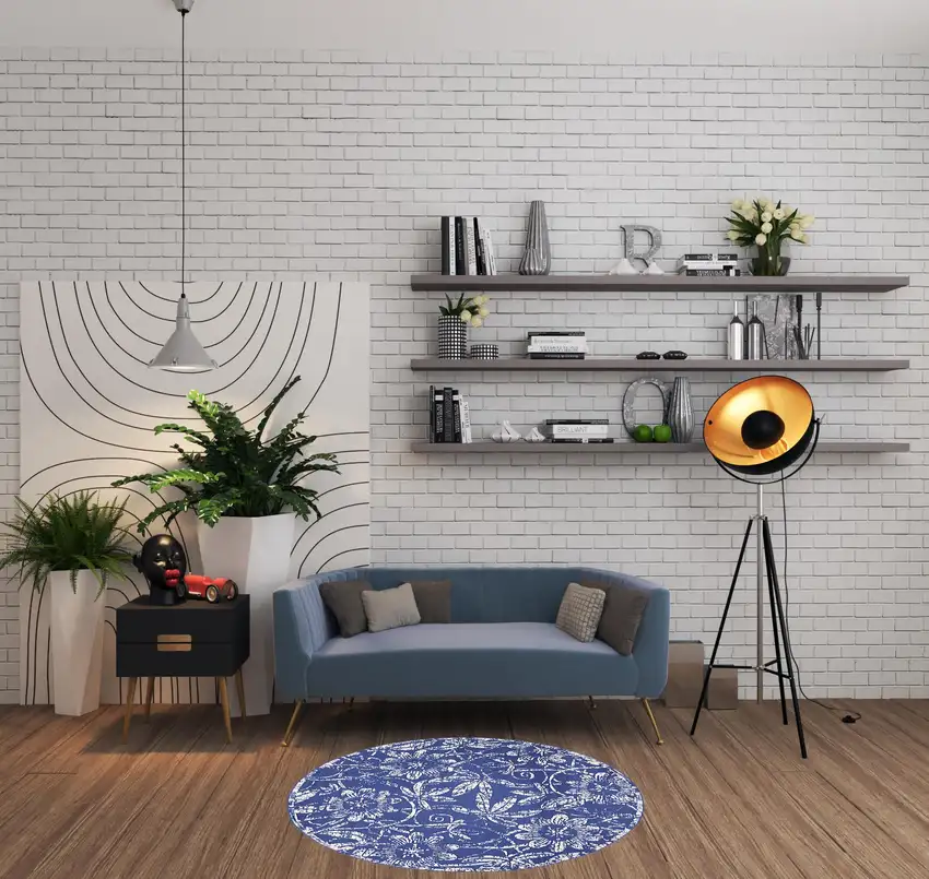 5' Blue And Ivory Floral Distressed Round Rug Photo 1