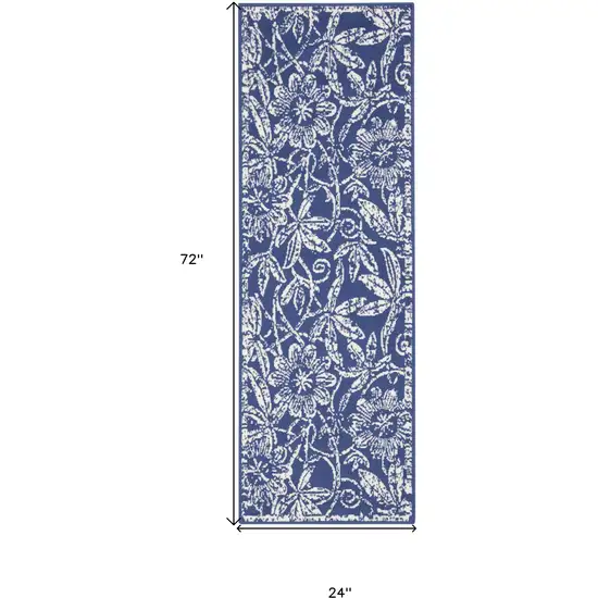 6' Blue And Ivory Floral Distressed Runner Rug Photo 3