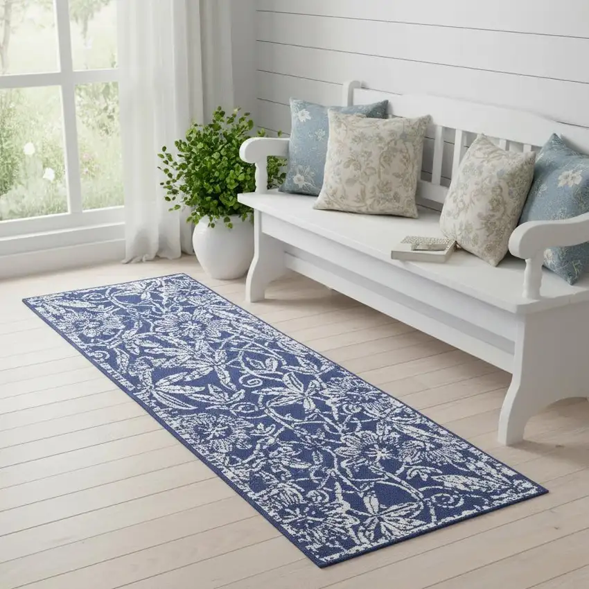 6' Blue And Ivory Floral Distressed Runner Rug Photo 1