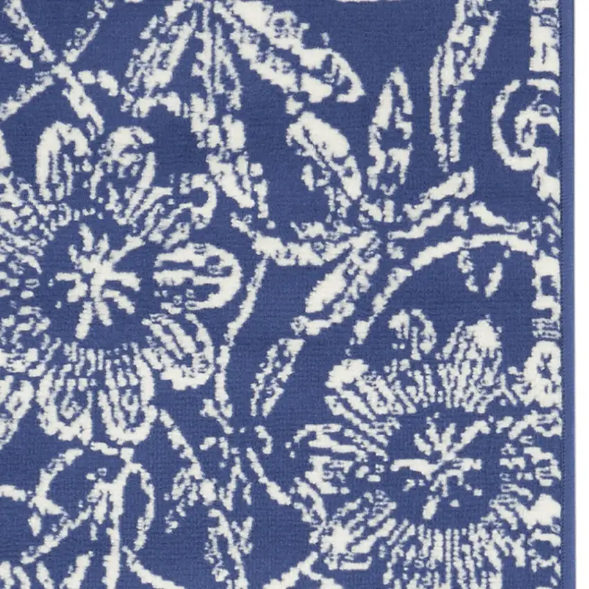 6' Blue And Ivory Floral Distressed Runner Rug Photo 7