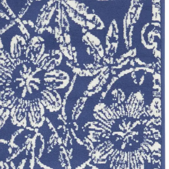 6' Blue And Ivory Floral Distressed Runner Rug Photo 7