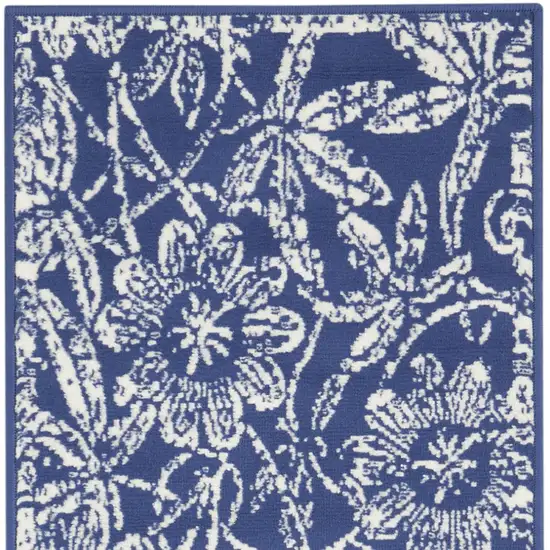 6' Blue And Ivory Floral Distressed Runner Rug Photo 8