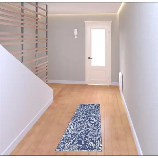 6' Blue And Ivory Floral Distressed Runner Rug Photo 1