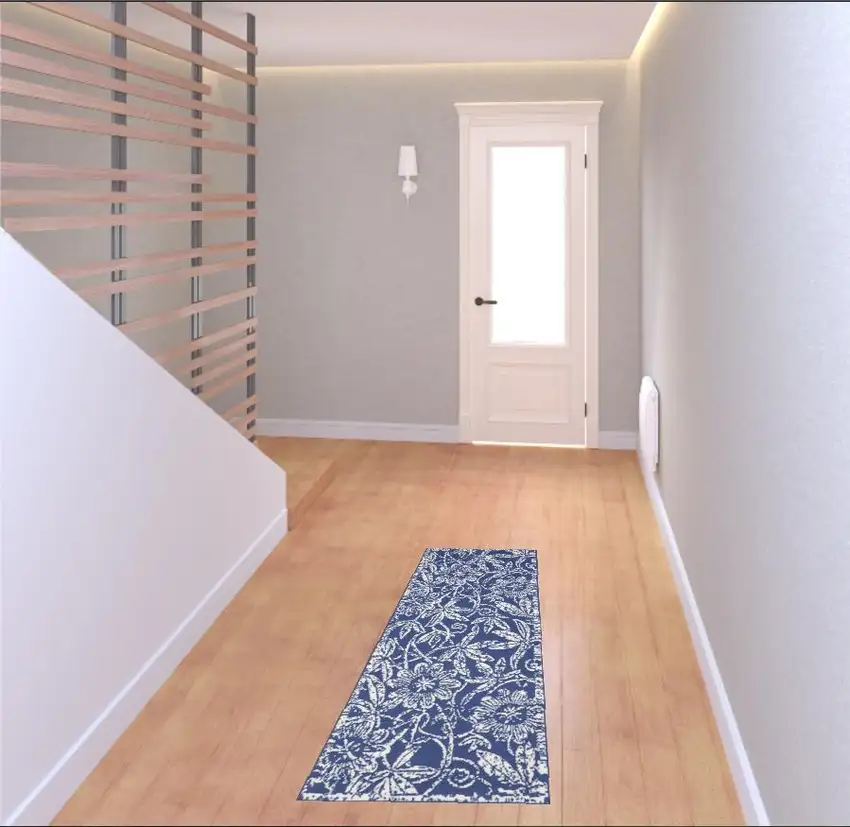 6' Blue And Ivory Floral Distressed Runner Rug Photo 1