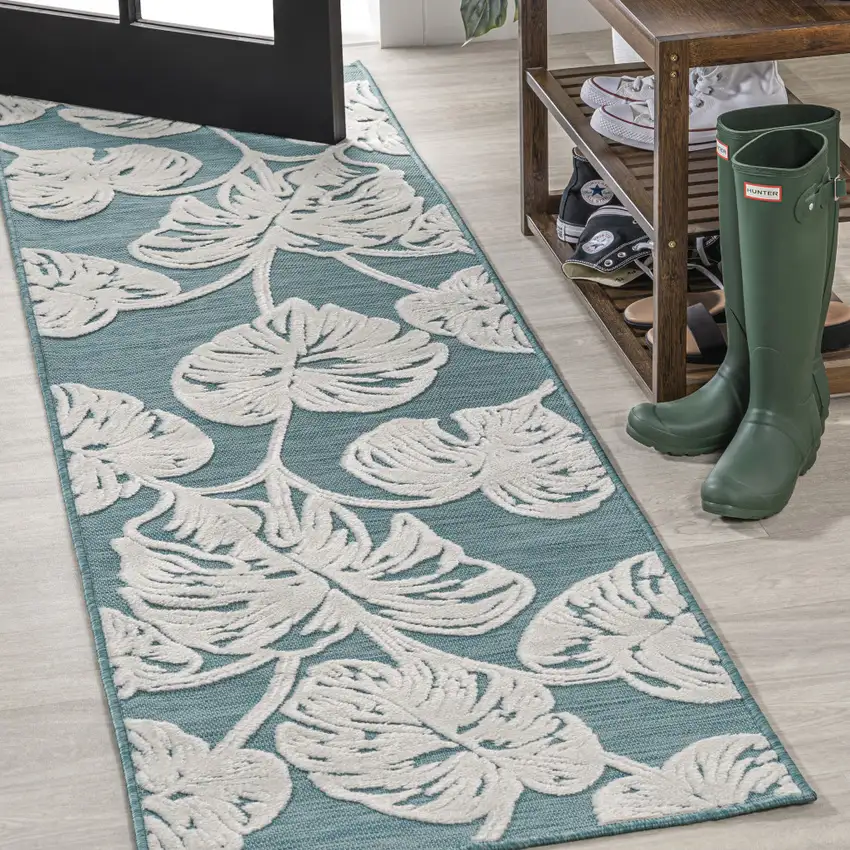 8' Blue And Ivory Floral Indoor Outdoor Runner Rug Photo 4