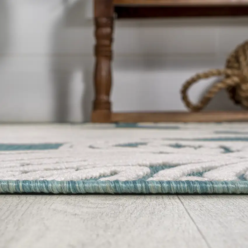 8' Blue And Ivory Floral Indoor Outdoor Runner Rug Photo 9