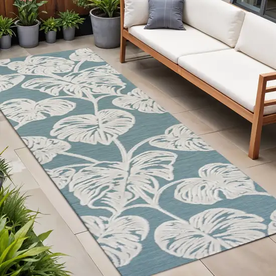 8' Blue And Ivory Floral Indoor Outdoor Runner Rug Photo 1