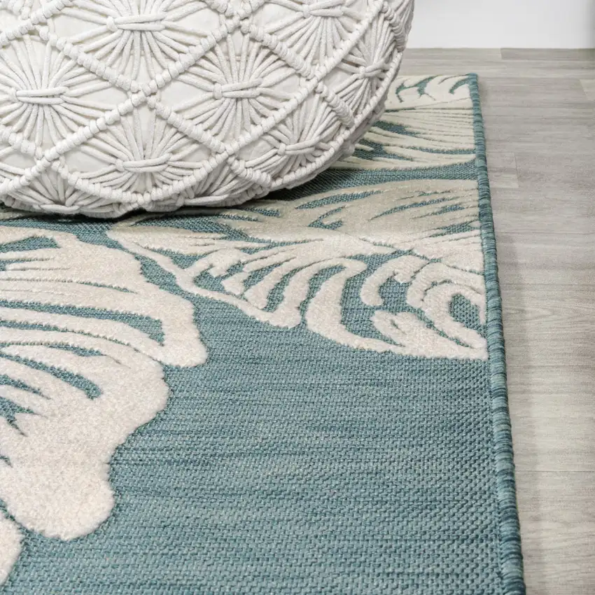 8' Blue And Ivory Floral Indoor Outdoor Runner Rug Photo 8