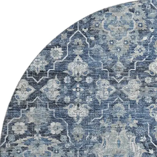 8' Blue And Ivory Floral Medallion Washable Round Rug With UV Protection Photo 4