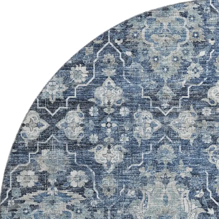 8' Blue And Ivory Floral Medallion Washable Round Rug With UV Protection Photo 4