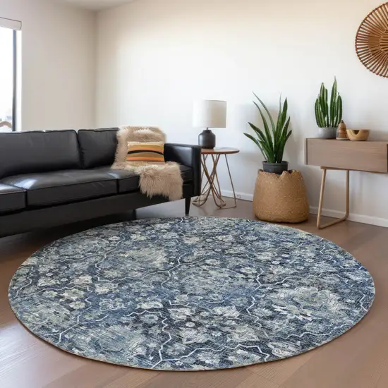 8' Blue And Ivory Floral Medallion Washable Round Rug With UV Protection Photo 6