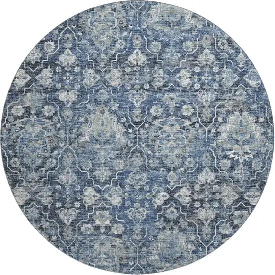 8' Blue And Ivory Floral Medallion Washable Round Rug With UV Protection Photo 2