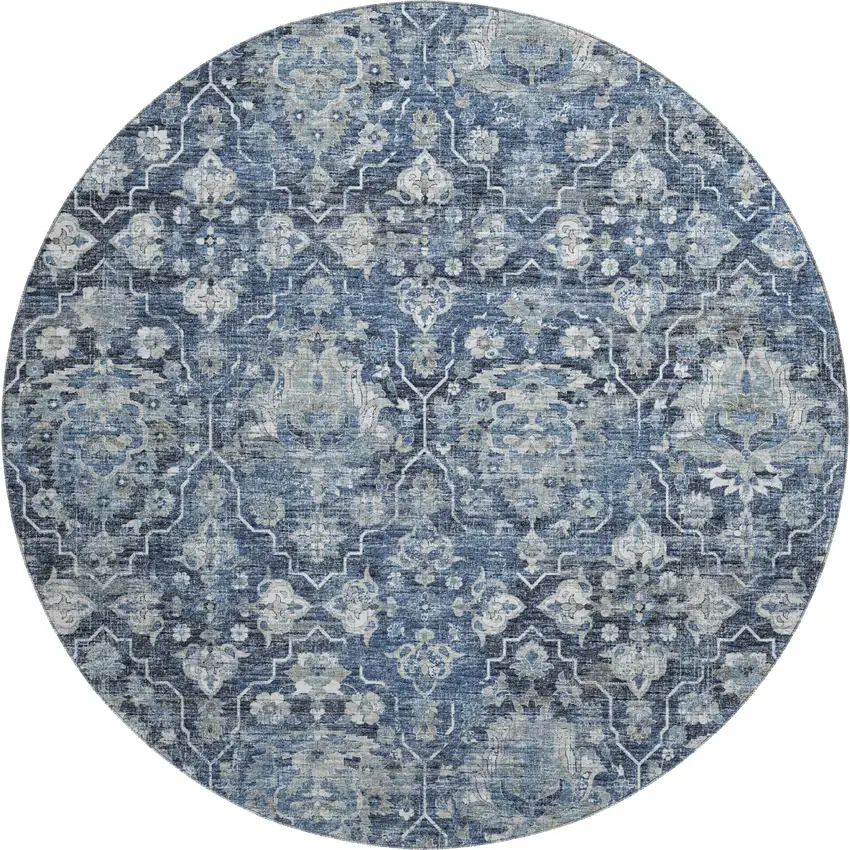 8' Blue And Ivory Floral Medallion Washable Round Rug With UV Protection Photo 2