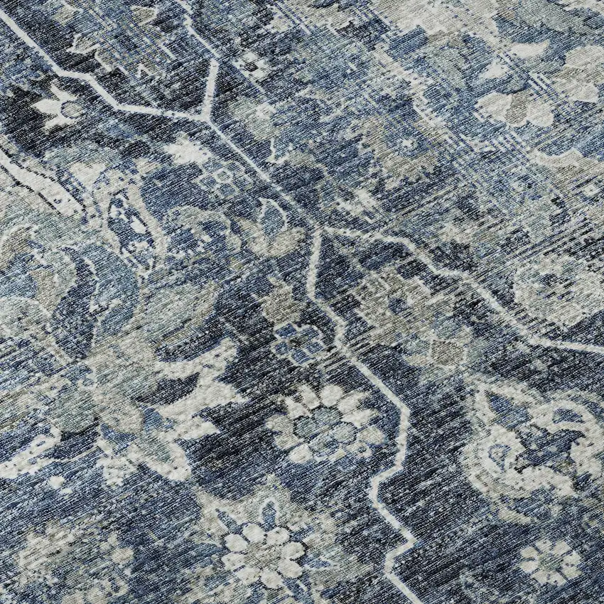 8' Blue And Ivory Floral Medallion Washable Round Rug With UV Protection Photo 9