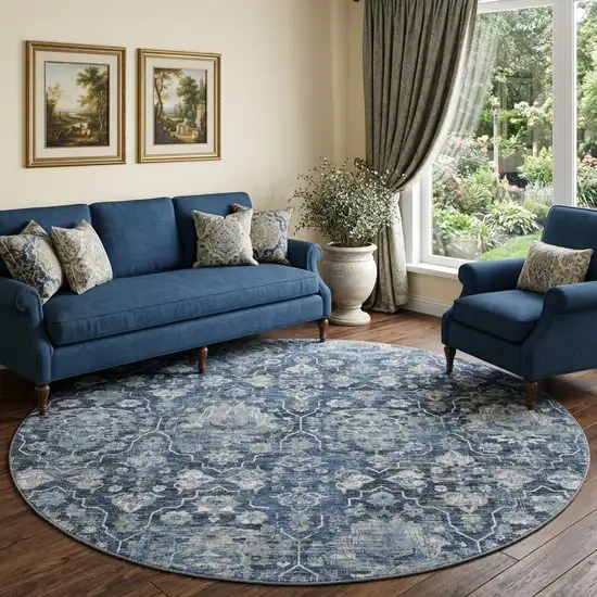 8' Blue And Ivory Floral Medallion Distressed Washable Round Rug With UV Protection Photo 1