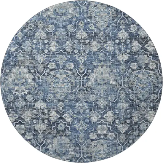 8' Blue And Ivory Floral Medallion Washable Round Rug With UV Protection Photo 5