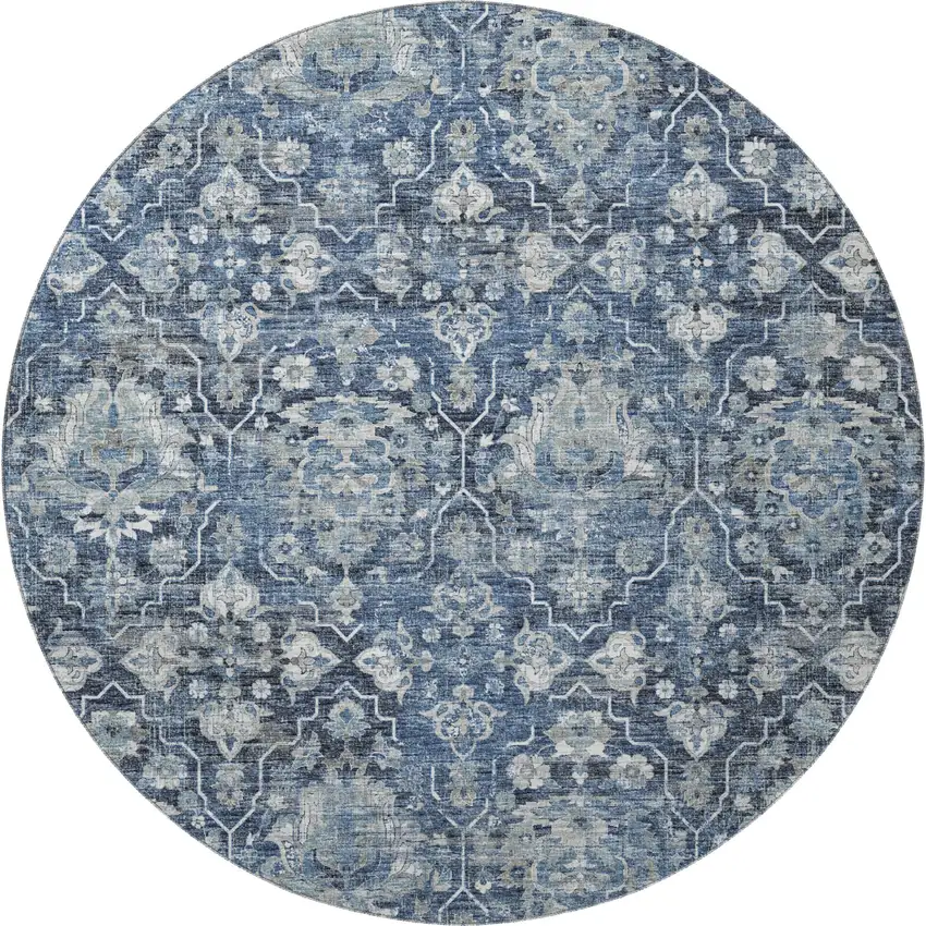 8' Blue And Ivory Floral Medallion Washable Round Rug With UV Protection Photo 5