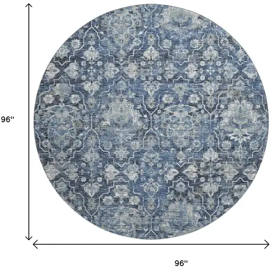 8' Blue And Ivory Floral Medallion Washable Round Rug With UV Protection Photo 3