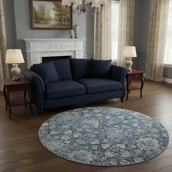 8' Blue And Ivory Floral Medallion Washable Round Rug With UV Protection Photo 1