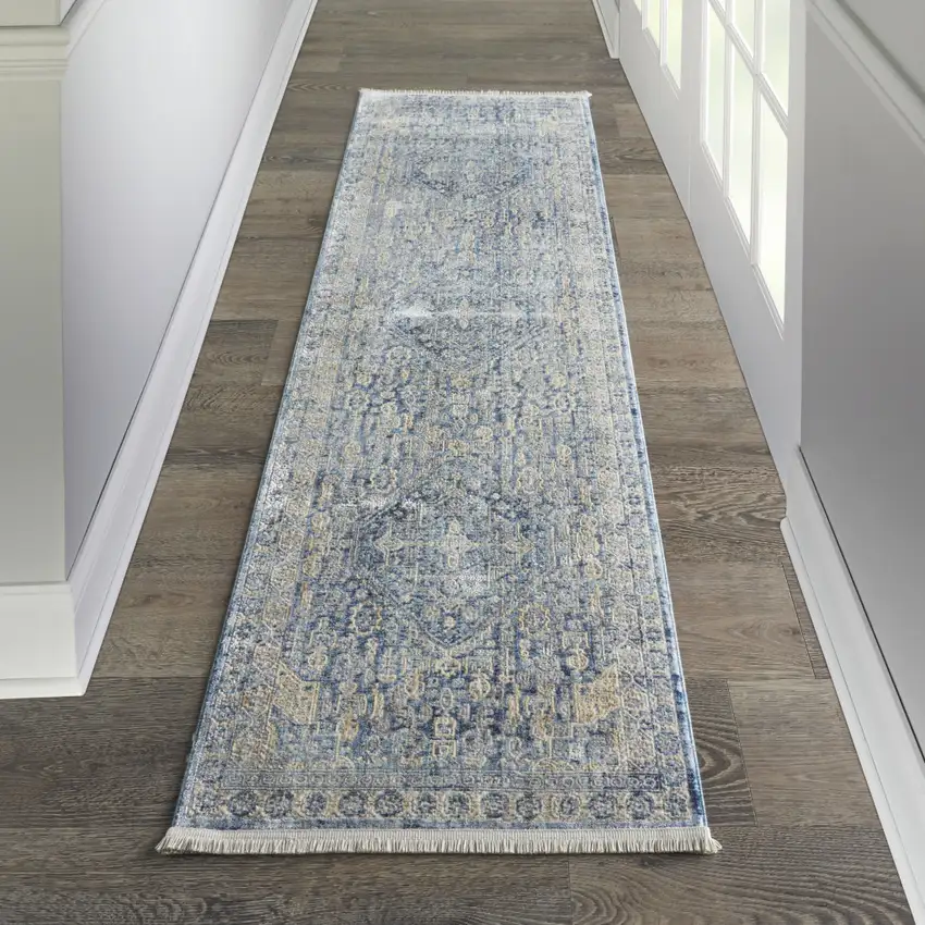 8' Blue And Ivory Floral Non Skid Runner Rug With Fringe Photo 4