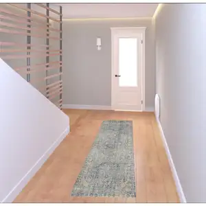 Photo of 8' Blue And Ivory Floral Non Skid Runner Rug With Fringe