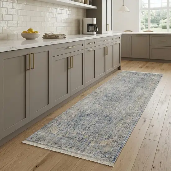 8' Blue And Ivory Floral Non Skid Runner Rug With Fringe Photo 1