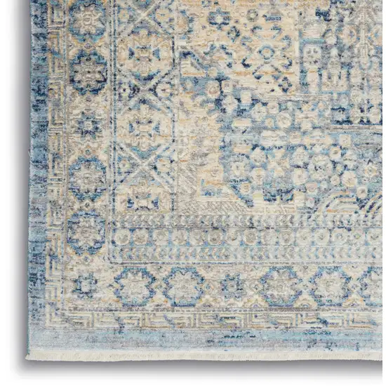 8' Blue And Ivory Floral Non Skid Runner Rug With Fringe Photo 6
