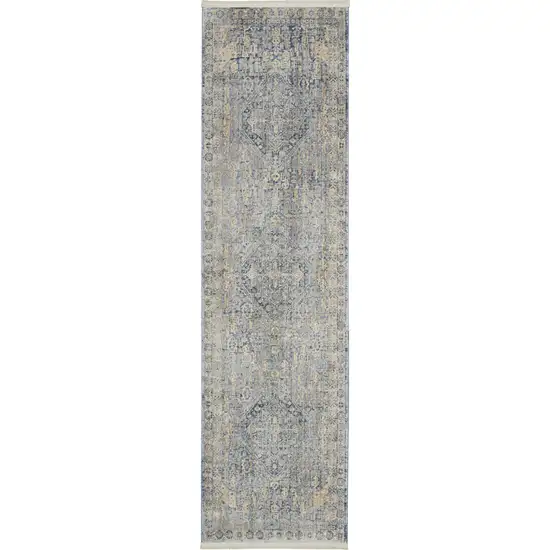 8' Blue And Ivory Floral Non Skid Runner Rug With Fringe Photo 2