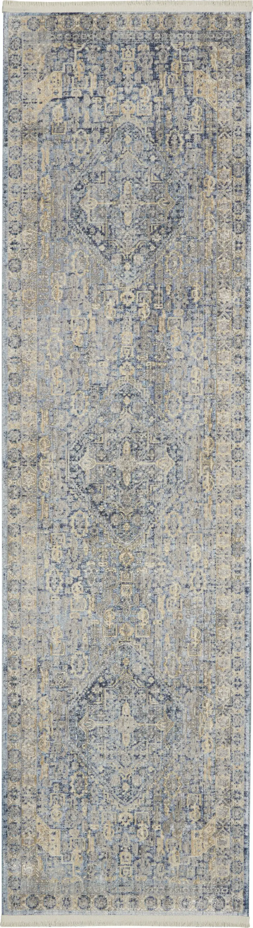 8' Blue And Ivory Floral Non Skid Runner Rug With Fringe Photo 2