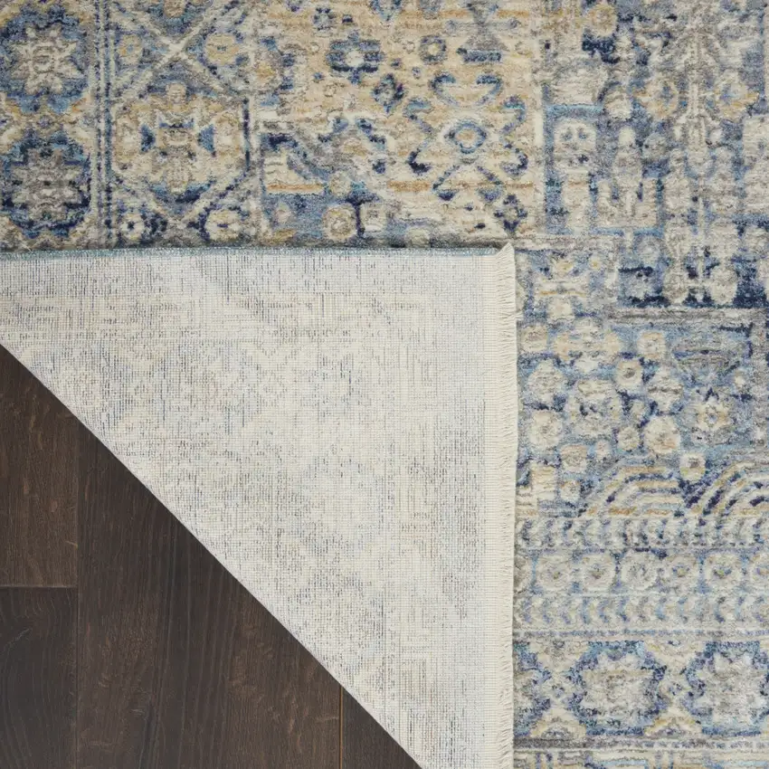 8' Blue And Ivory Floral Non Skid Runner Rug With Fringe Photo 7