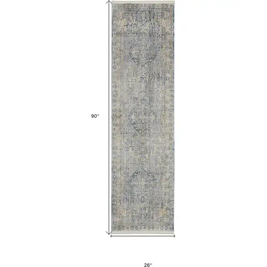 8' Blue And Ivory Floral Non Skid Runner Rug With Fringe Photo 9