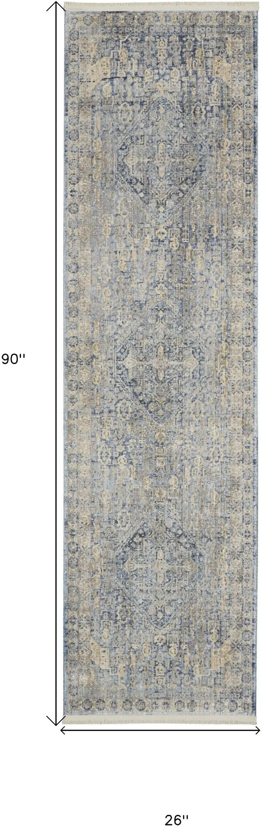 8' Blue And Ivory Floral Non Skid Runner Rug With Fringe Photo 9