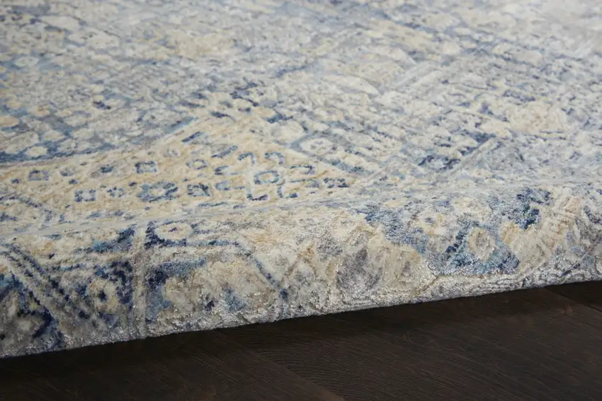 8' Blue And Ivory Floral Non Skid Runner Rug With Fringe Photo 5