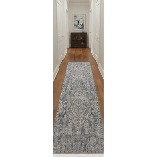 12' Blue And Ivory Floral Power Loom Runner Rug Photo 1
