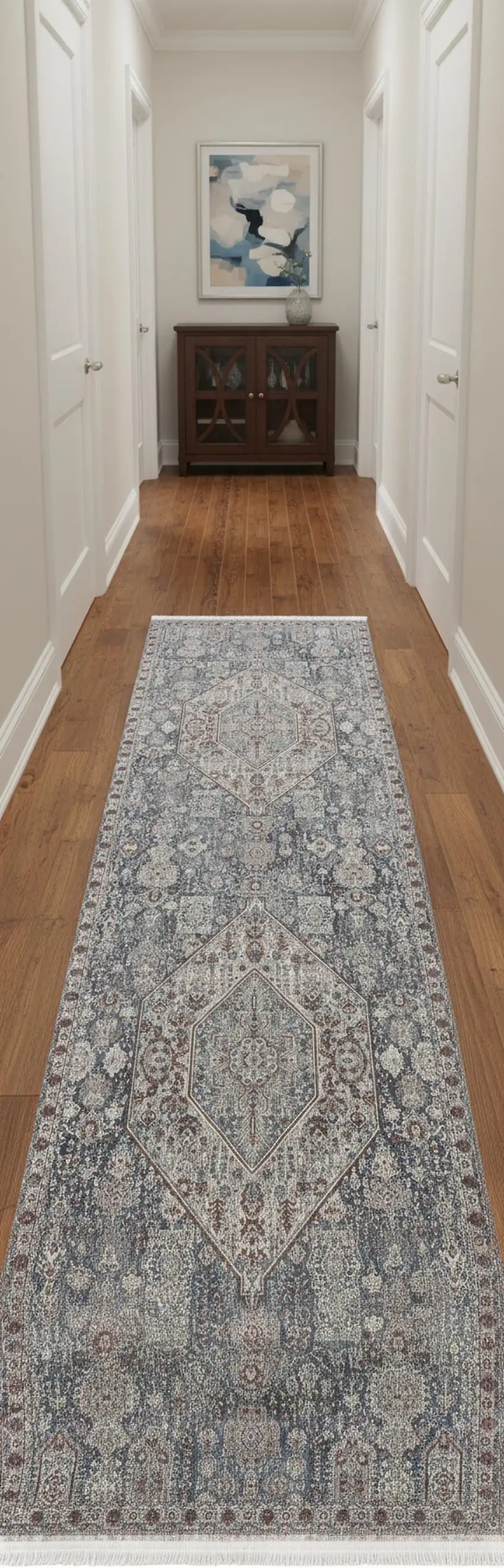 12' Blue And Ivory Floral Power Loom Runner Rug Photo 1