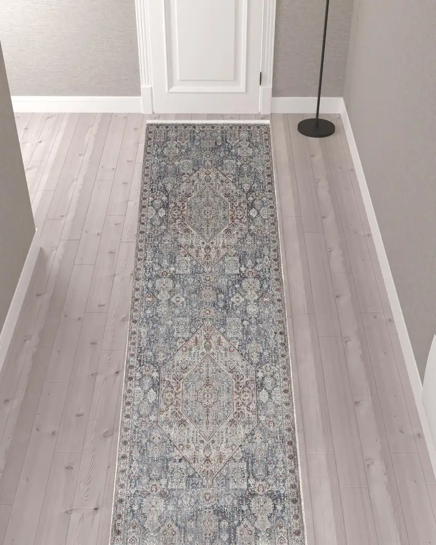 12' Blue And Ivory Floral Power Loom Runner Rug Photo 2