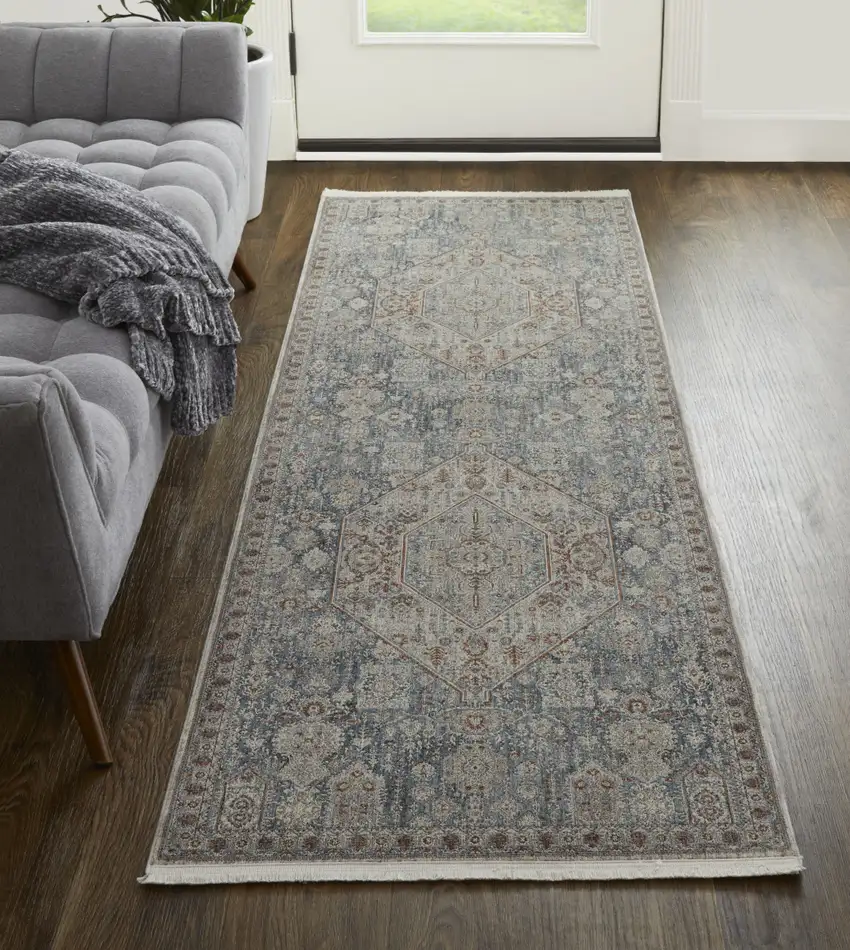 10' Blue And Ivory Floral Power Loom Stain Resistant Runner Rug Photo 1
