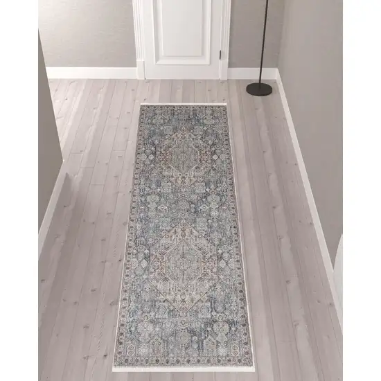 10' Blue And Ivory Floral Power Loom Stain Resistant Runner Rug Photo 4