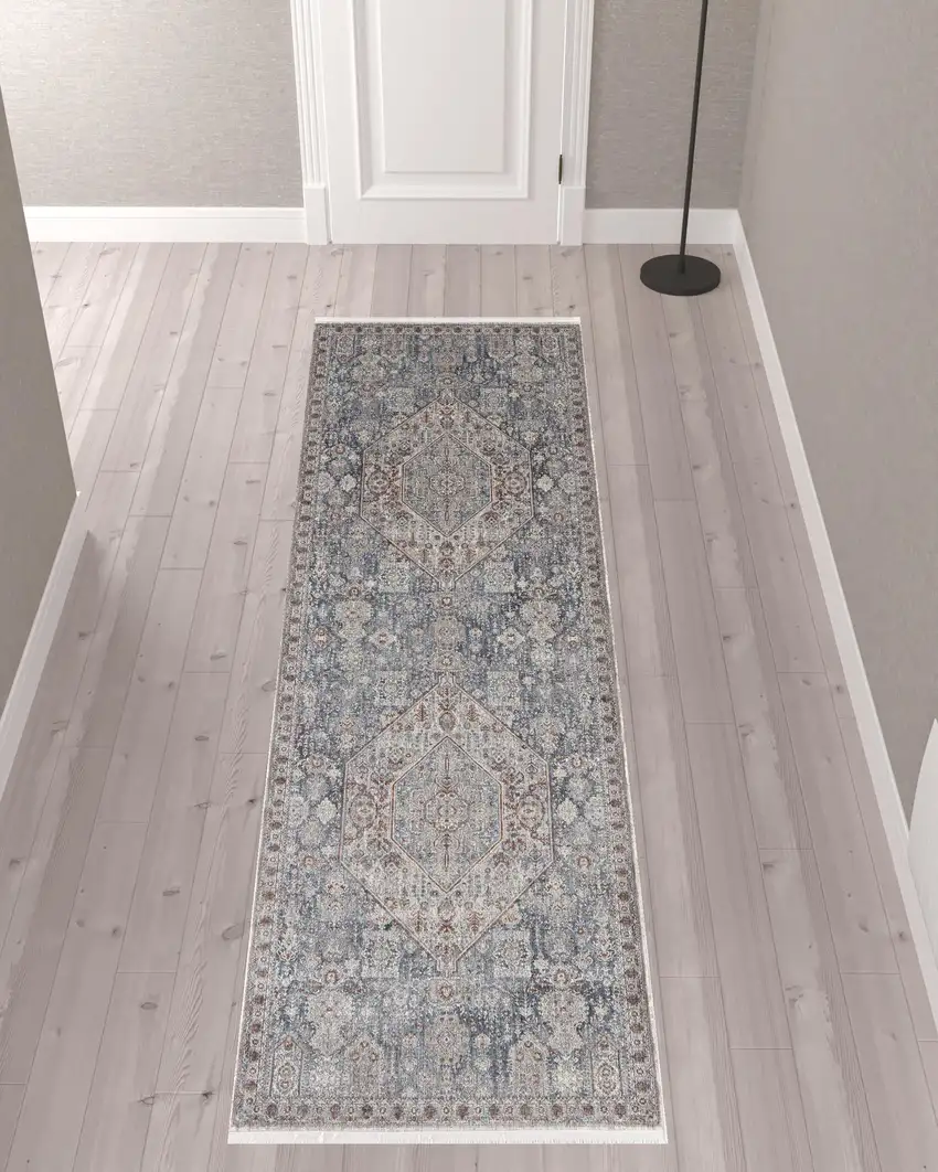 10' Blue And Ivory Floral Power Loom Stain Resistant Runner Rug Photo 4