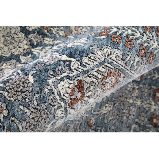 10' Blue And Ivory Floral Power Loom Stain Resistant Runner Rug Photo 2