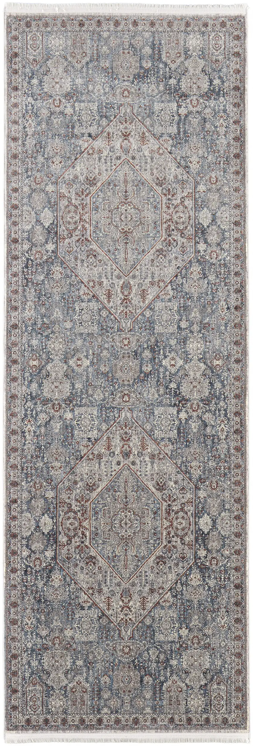10' Blue And Ivory Floral Power Loom Stain Resistant Runner Rug Photo 3