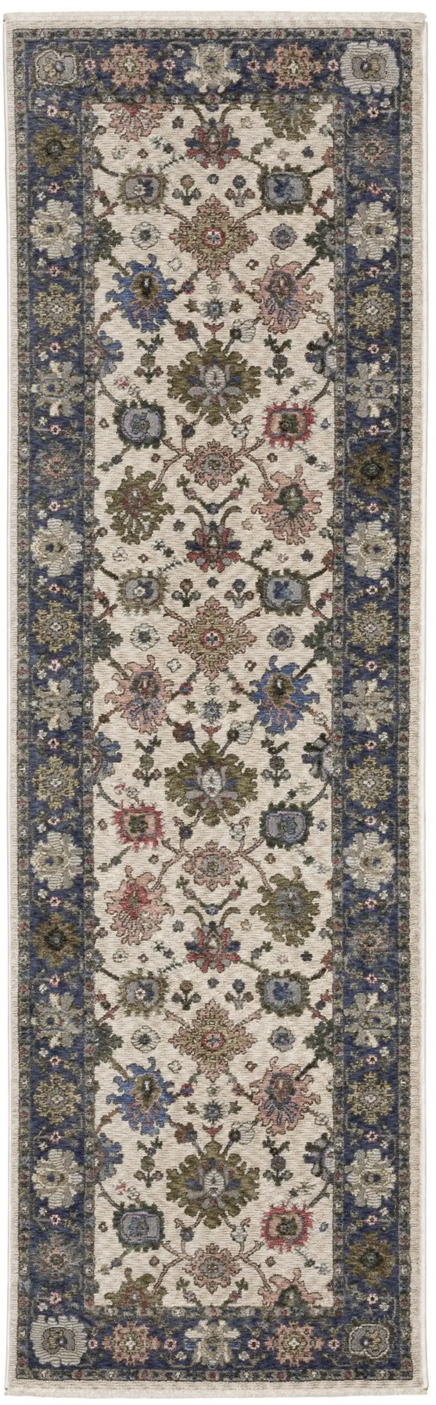8' Blue And Ivory Floral Runner Rug With Fringe Photo 4