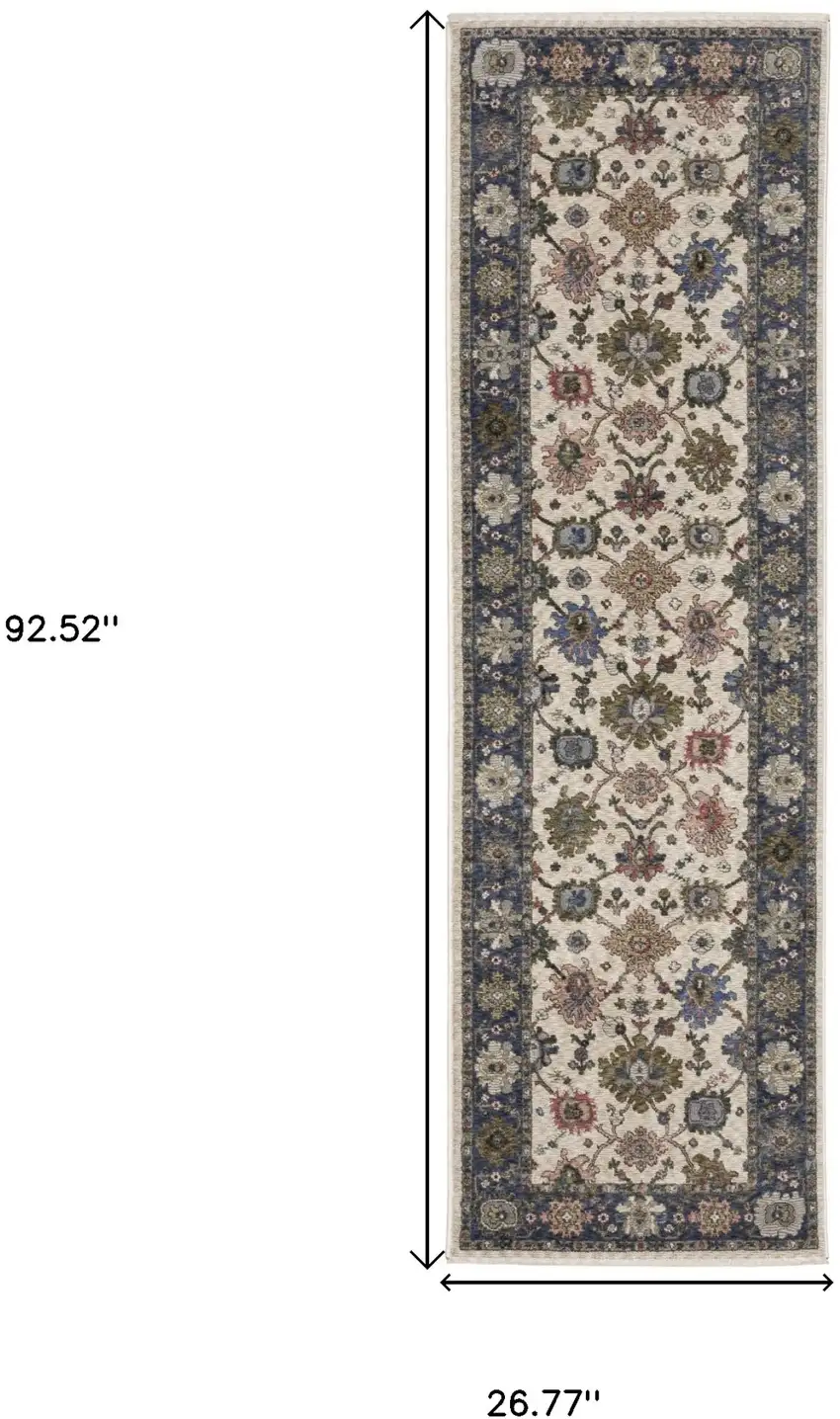 8' Blue And Ivory Floral Runner Rug With Fringe Photo 3
