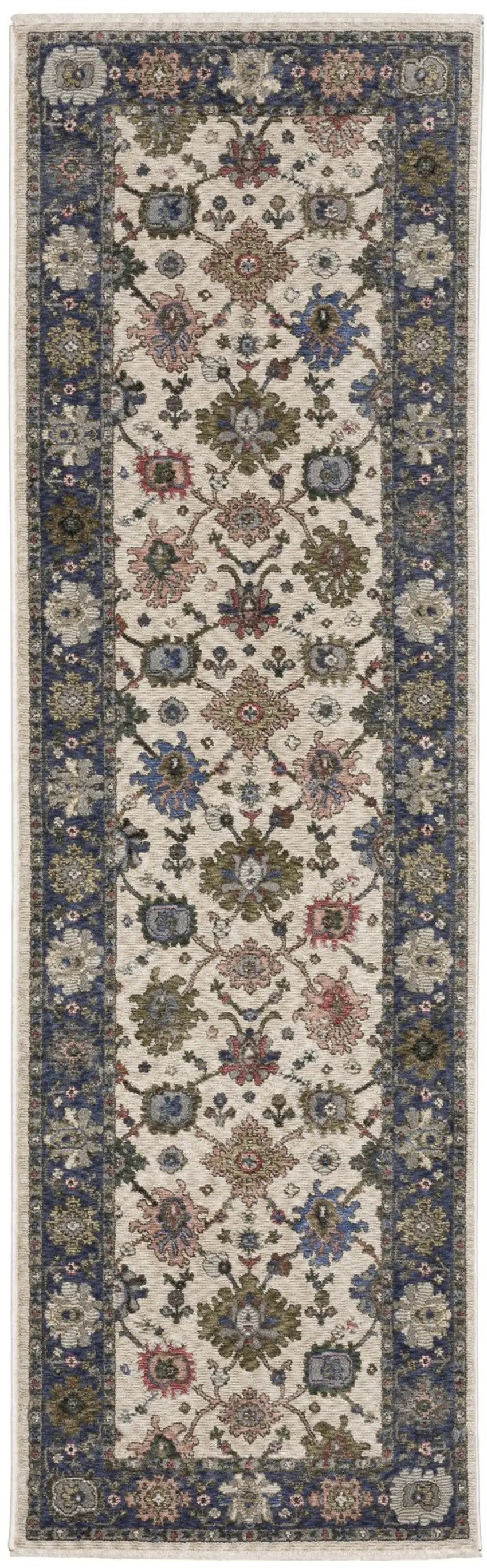 8' Blue And Ivory Floral Runner Rug With Fringe Photo 2