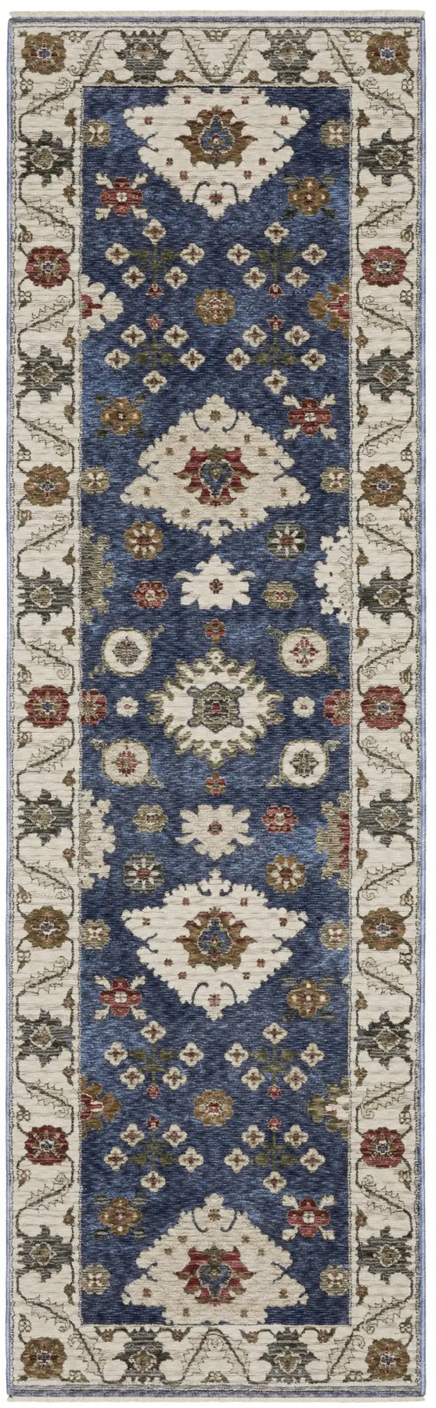 8' Blue And Ivory Floral Runner Rug With Fringe Photo 6