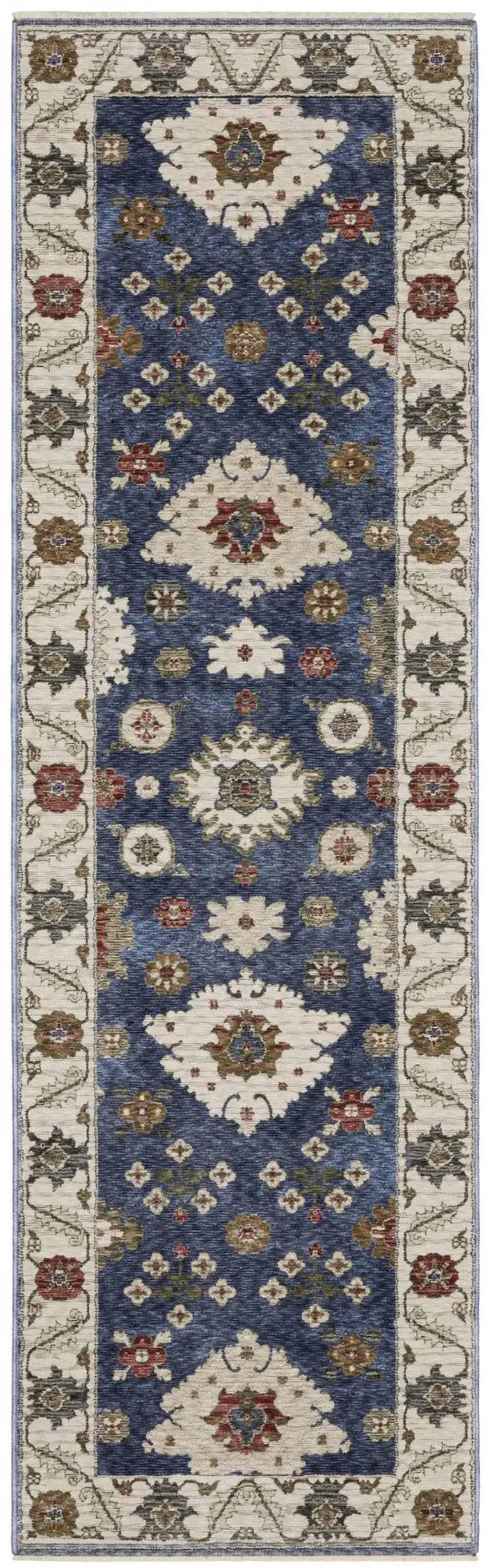 8' Blue And Ivory Floral Runner Rug With Fringe Photo 2