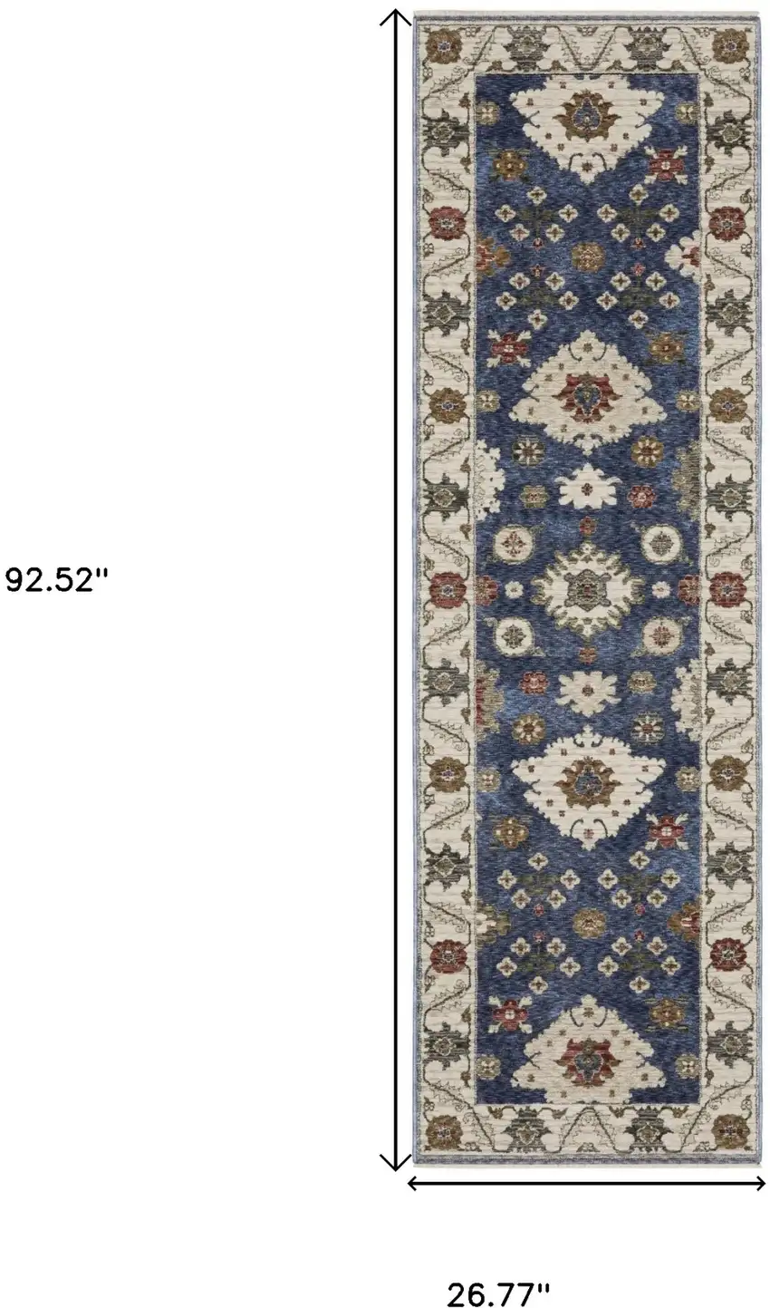 8' Blue And Ivory Floral Runner Rug With Fringe Photo 3