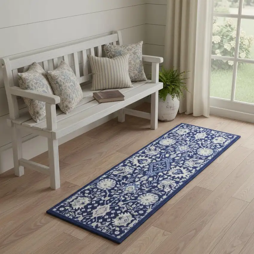 6' Blue And Ivory Floral Runner Rug Photo 1