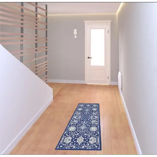 6' Blue And Ivory Floral Runner Rug Photo 1